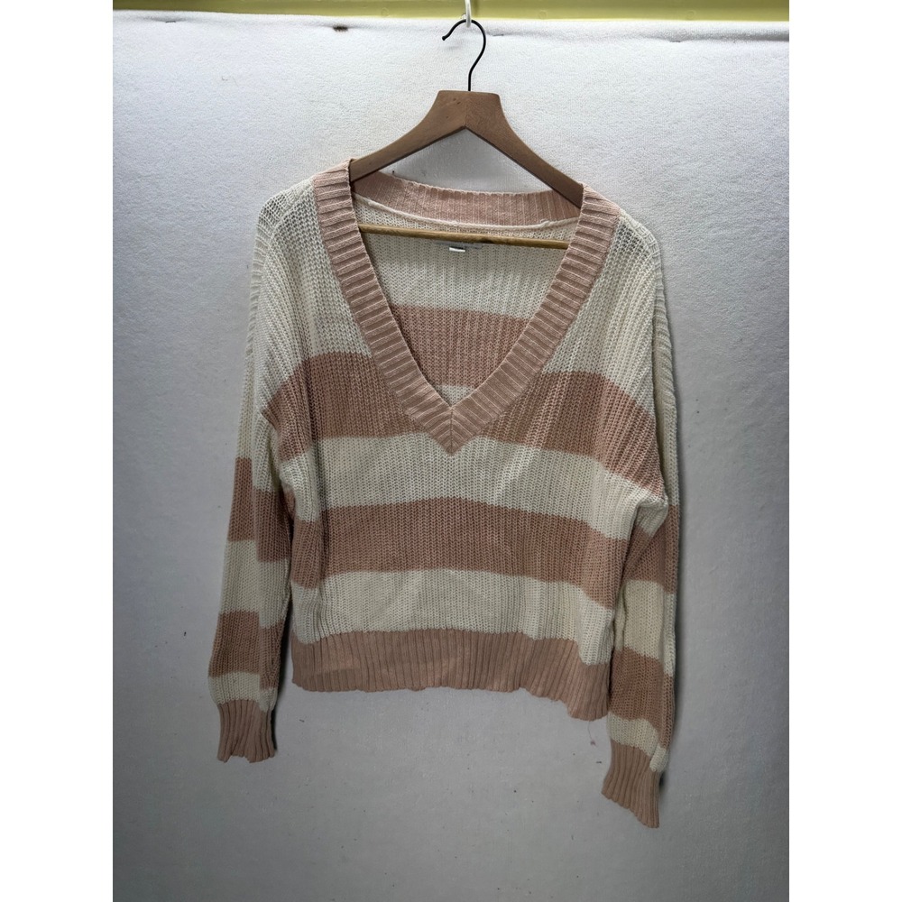 American Eagle Sweater Womens XS Pink Striped V-Neck Knit Pullover 3529